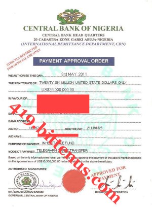 PAYMENT APPROVAL FROM CBN 